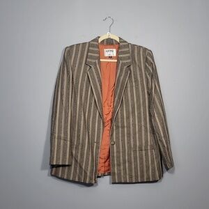 Kasper Vintage 90's 100% Wool Tan Black Vertical Striped Blazer Jacket